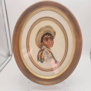Vintage Handmade Petite Point Needlepoint Framed 6" x 4" Portrait Mexican Boy